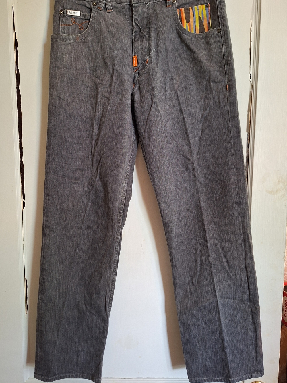 LRG Lifted Research Group Mens Denim Jeans 34x32 Gray/Graphic Print Retro Baggy